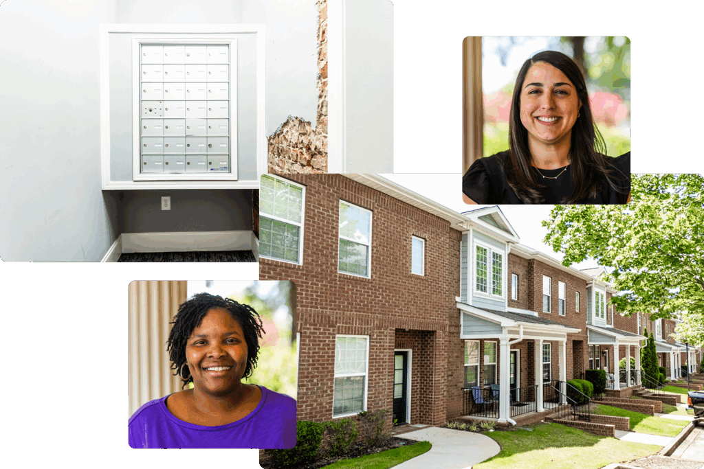 A collage of photos, featuring mailboxes of a small apartment building, 2 property managers, and exteriors of a small townhome community