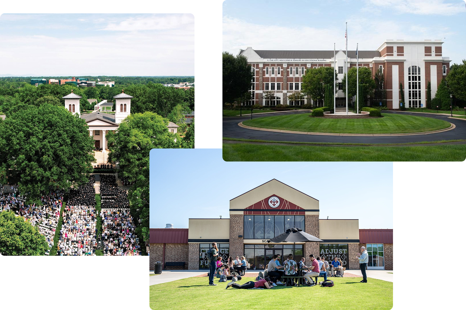 A collage of a few Colleges in Spartanburg, SC featuring an aerial view of a Wofford Graduation, an educational building at VCOM, and students outside of the Scallon Building of Sherman College