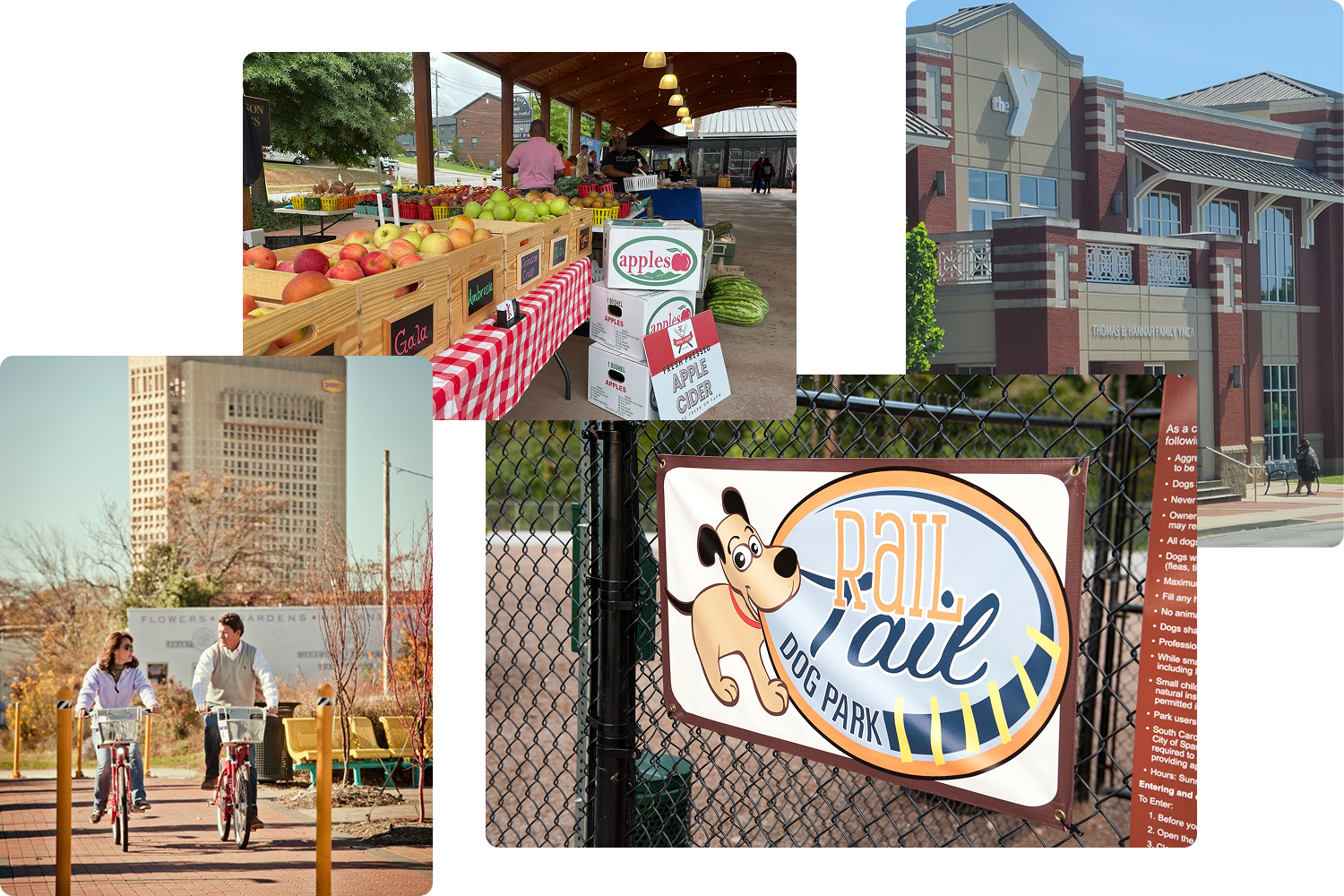 A collage of active things to do in Spartanburg, SC featuring the Spartanburg Farmer's Market, Thomas E. Hannah Family YMCA, Rail Tail Dog Park, and a couple biking the Rail Trail with a view of the Denny's building in the background