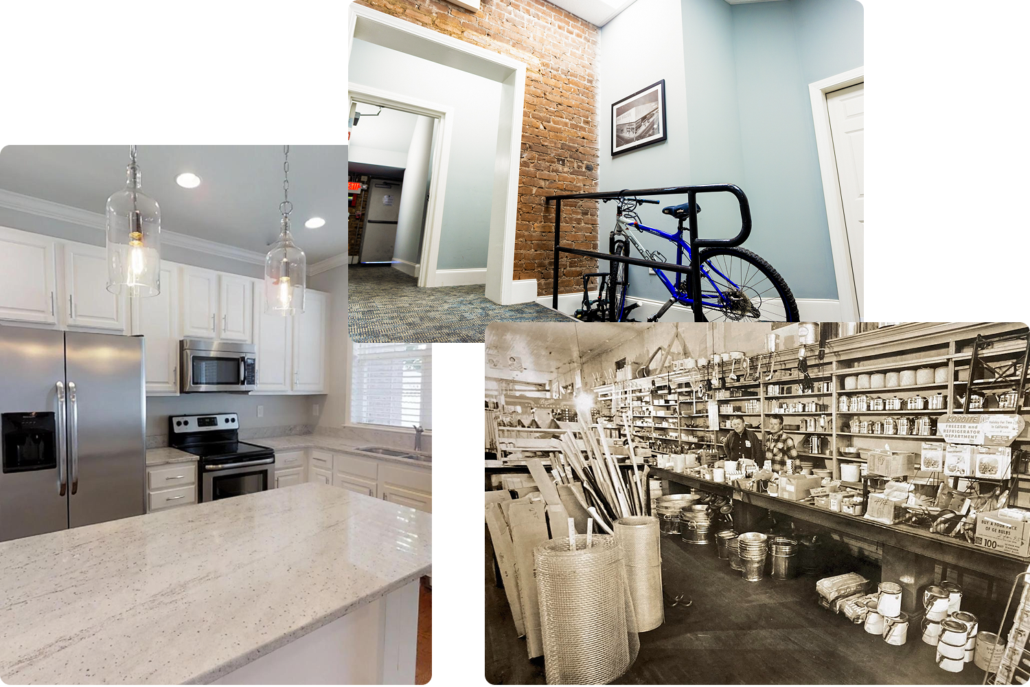A collage of historic and modern images featuring the modern kitchen of a 314 South Townhome Kitchen, the lobby of of Magnolia Lofts with original brick walls, and the interior of Potter's Old store, the future location of Potter's Lofts in Cowpens, SC.