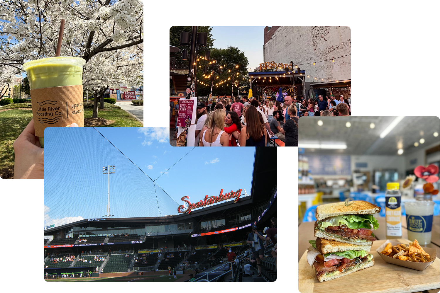 A collage of activities and food in Spartanburg, SC featuring a Matcha Latte from Little River Coffee Bar, an event at Fr8Yard, A sandwich from Blue Moon Bodega, and the Spartanburg sign at Fifth Third Park